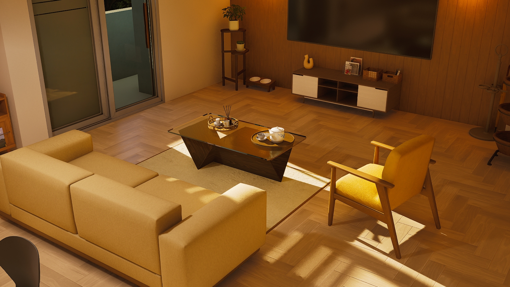 Wide view of an inZOI living room with the Angular Glasswood Table between a mustard sofa and a wooden armchair, facing a wall-mounted TV