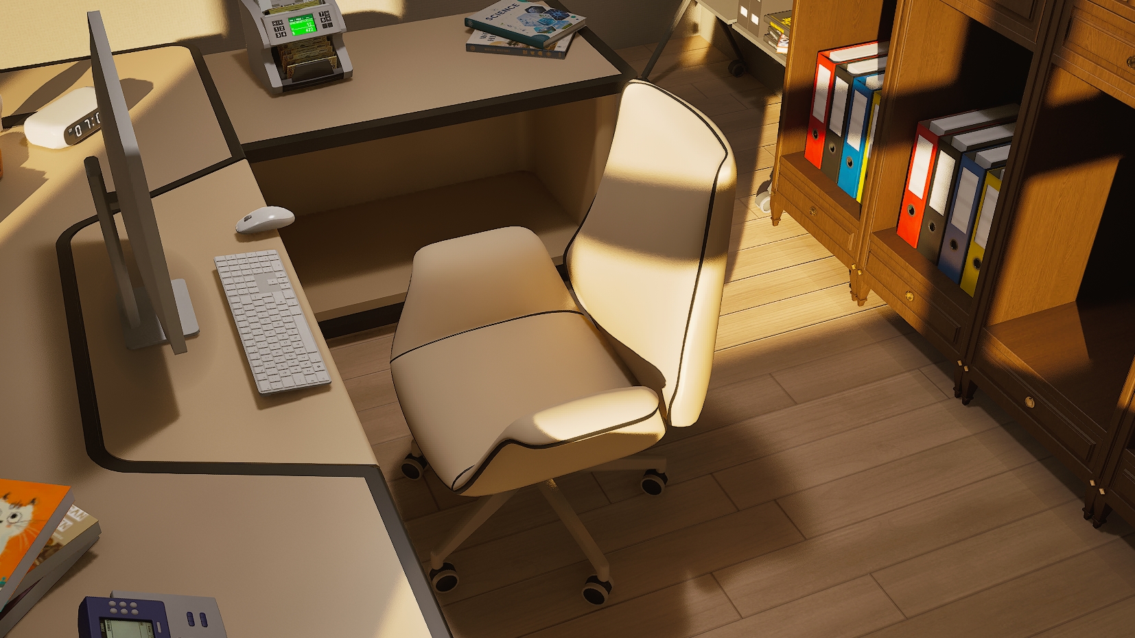The Halo Executive Chair on a five-wheel base beside a desk with a monitor and keyboard, next to wooden binder shelves in warm light