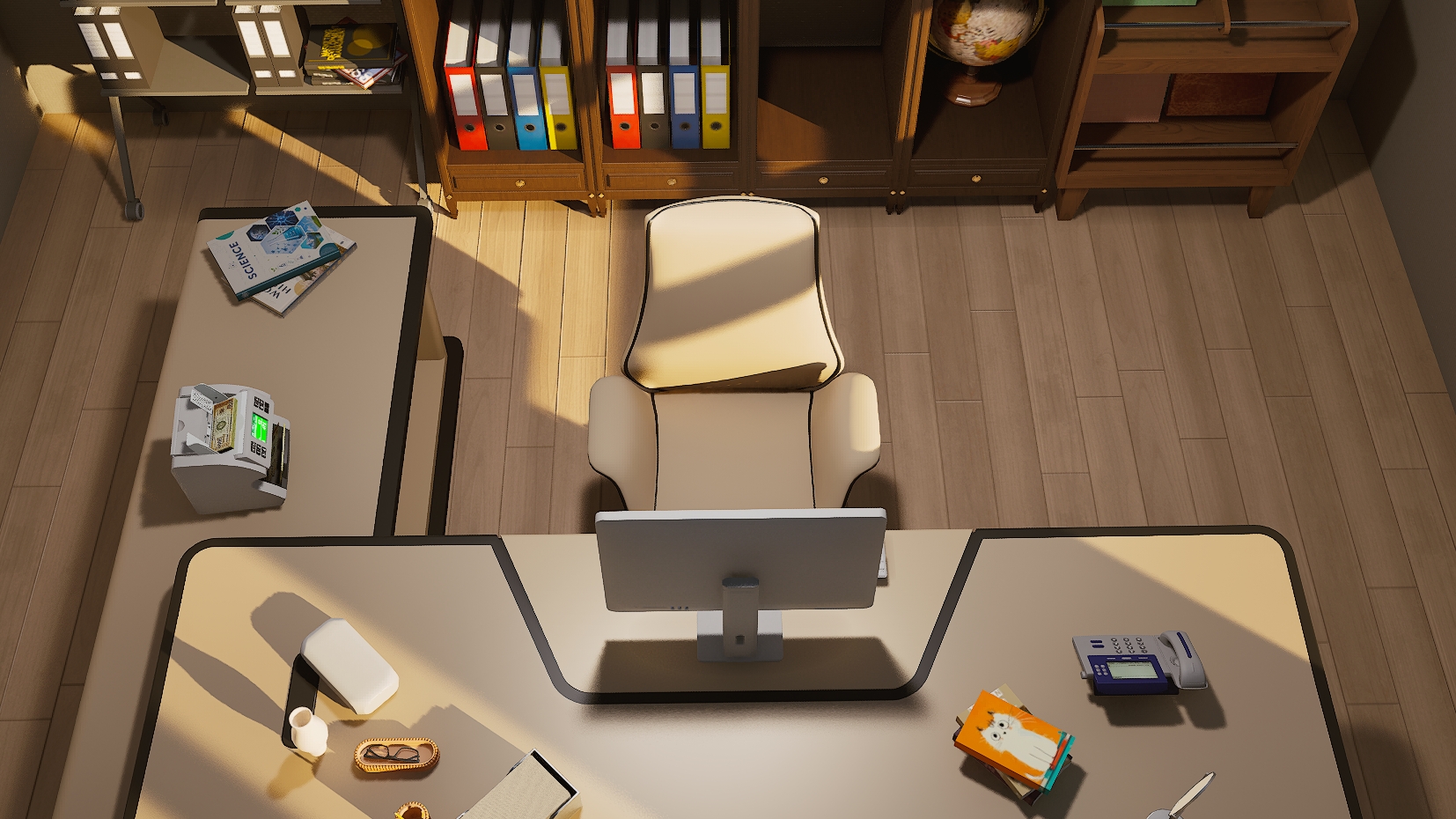 Overhead view of an inZOI office with the cream Halo Executive Chair between an L-shaped desk and wooden shelves of colored binders
