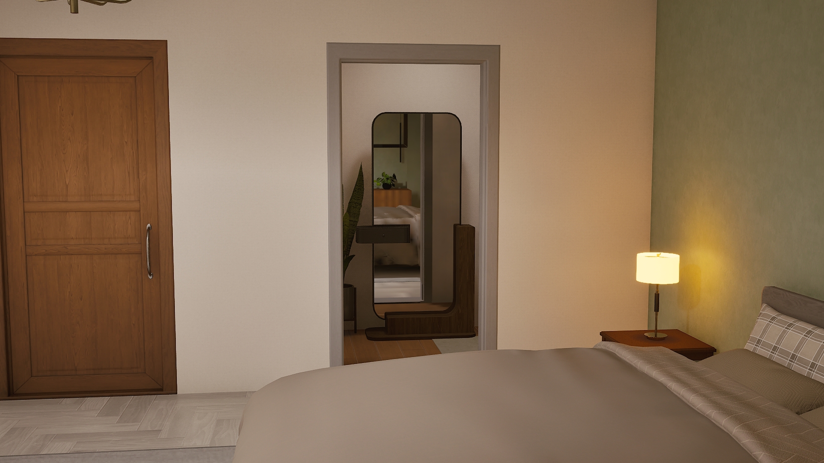 An inZOI bedroom with a bedside lamp; the SeeGlass Standing Mirror stands in the hallway beyond an open doorway