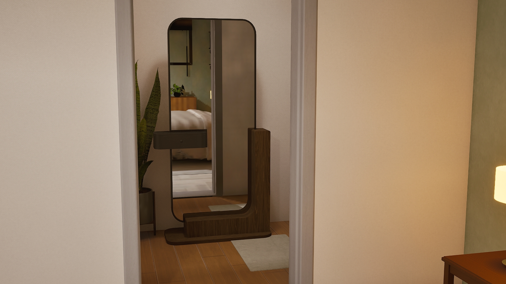Closer view of the SeeGlass Standing Mirror in a hallway, its tall rounded glass reflecting a bedroom, beside a potted snake plant
