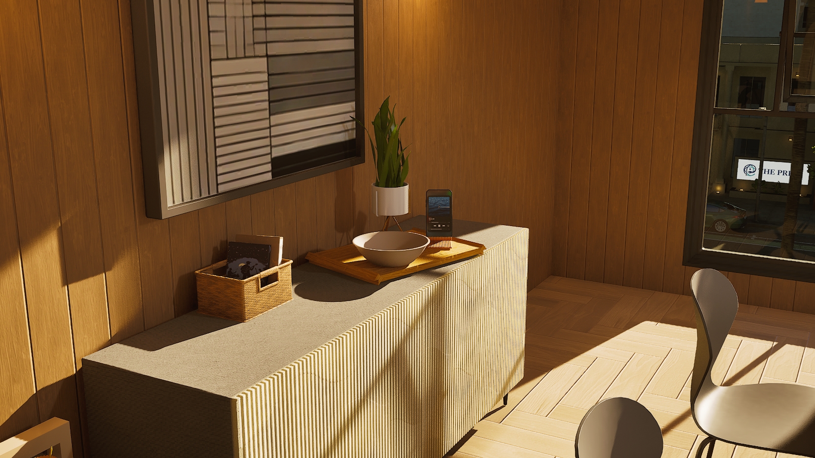 The TROVE Tray on a ribbed sideboard beneath abstract wall art, with a potted plant and woven basket, in a sunlit inZOI dining room
