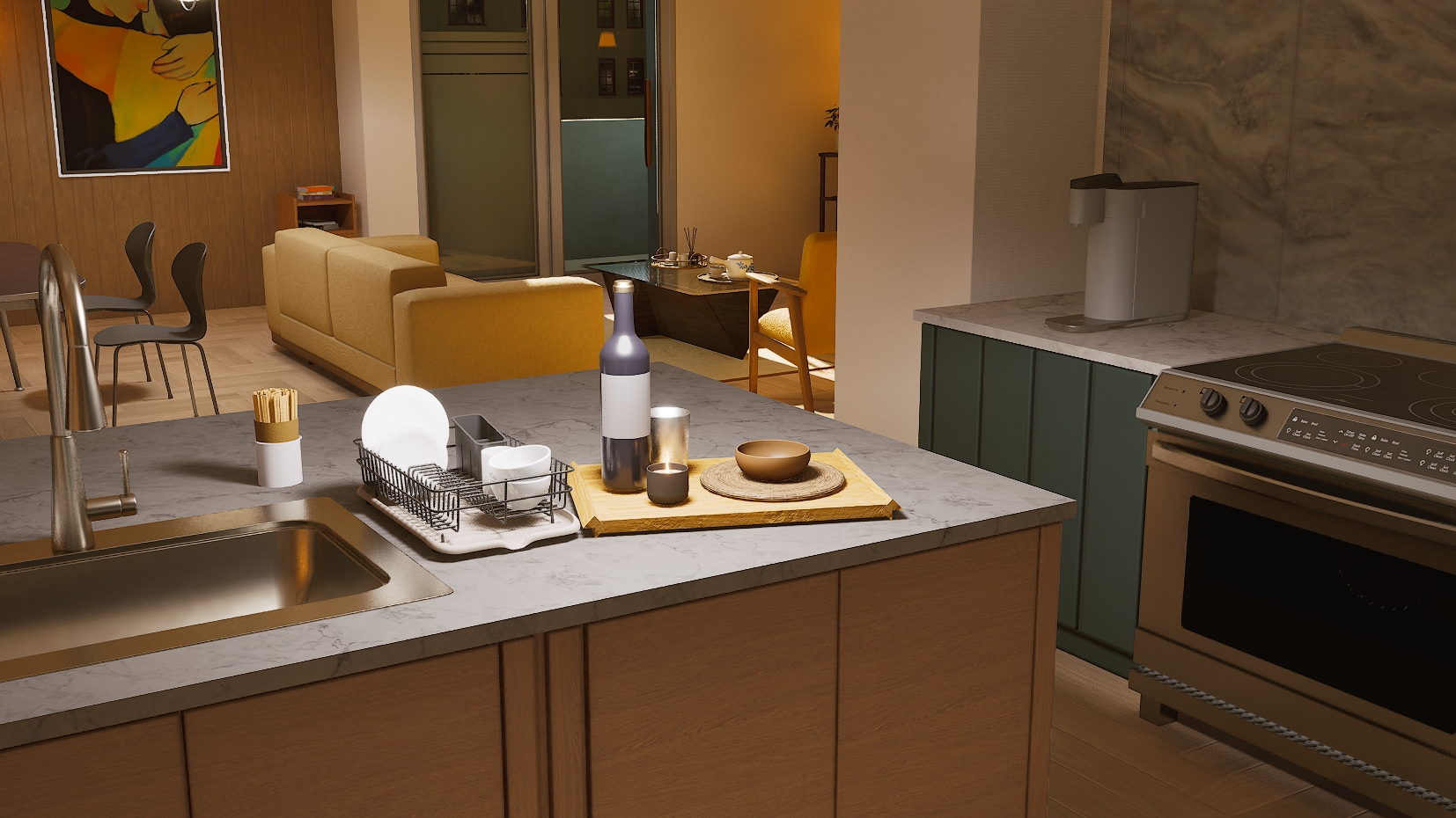 The TROVE Tray on a marble kitchen island holding a bottle, candles and a bowl, next to a dish rack and sink