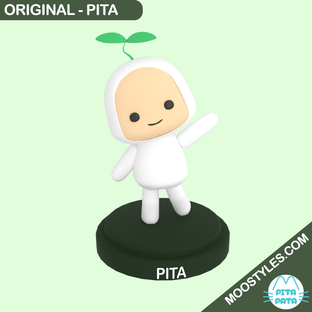 Pita, the original PITAPATA chibi figure: a white sprout-topped character waving on a dark green display base