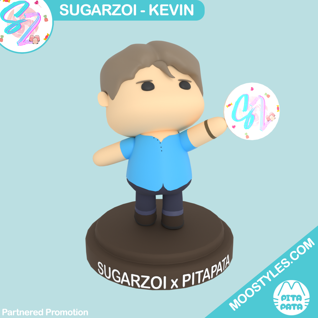 SugarZoi x PITAPATA chibi figure of Kevin in a blue shirt, holding up a SugarZoi logo sign on a brown display base